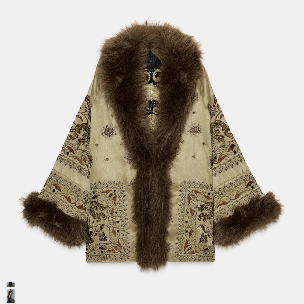 Zara Embroidered Kimono Fur Jacket